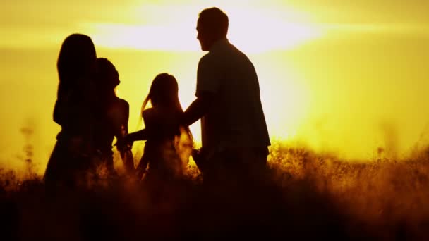 Orang tua dengan anak perempuan di padang rumput saat matahari terbenam — Stok Video