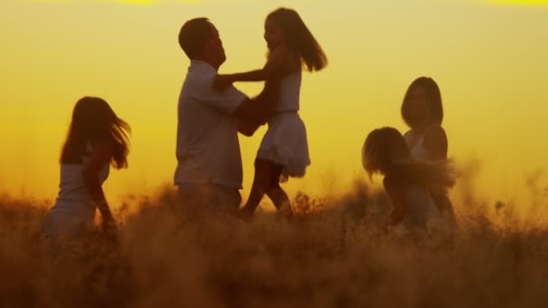 Ouders met dochters op weide bij zonsondergang — Stockvideo