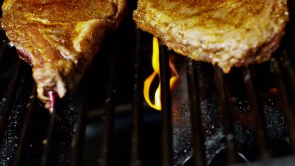 Rundvlees steaks op grill — Stockvideo