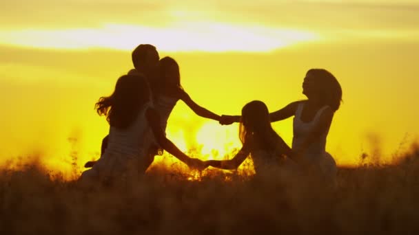 Parents avec des filles dans la prairie au coucher du soleil — Video