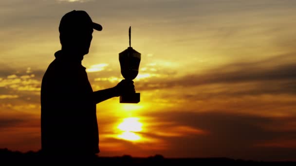 Silhouette de joueur de golf professionnel avec trophée — Video