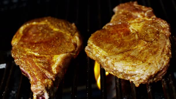 Rundvlees steaks op grill — Stockvideo