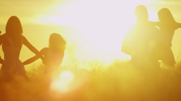 Ouders met dochters in de weide bij zonsondergang — Stockvideo