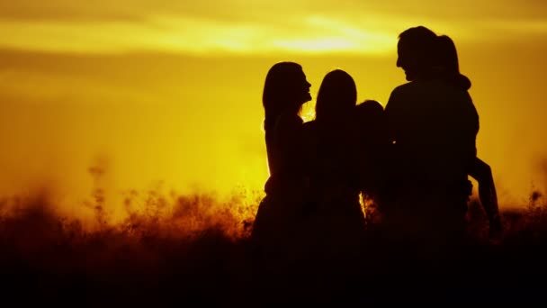 Pais com filhas no prado ao pôr do sol — Vídeo de Stock