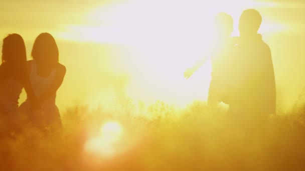 Parents with daughters in meadow at sunset — Stock Video