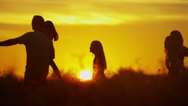 Γονείς με κόρες στο Λιβάδι στο ηλιοβασίλεμα — Αρχείο Βίντεο