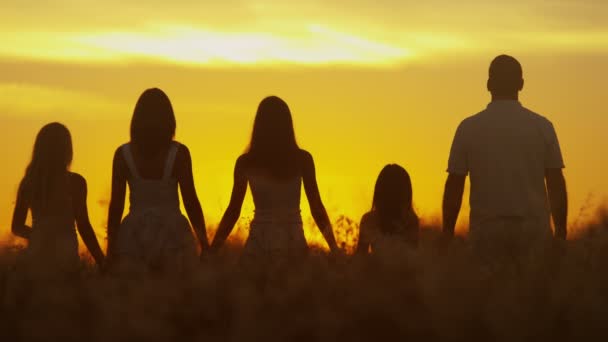 Părinți cu fiice pe pajiște la apusul soarelui — Videoclip de stoc