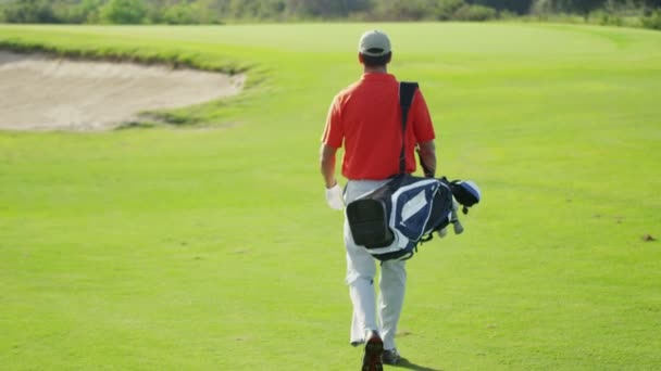 Golfspeler wandelen met golfuitrusting — Stockvideo