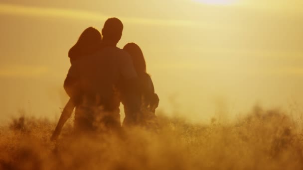 Parents with daughter walking on meadow — Stock Video