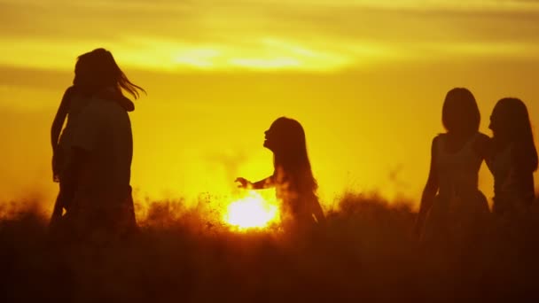 Padres con hijas en el prado al atardecer — Vídeos de Stock