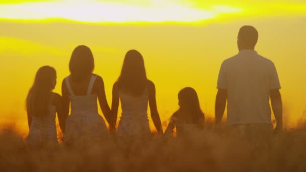 Rodziców z córkami na łąki przy zachodzie słońca — Wideo stockowe