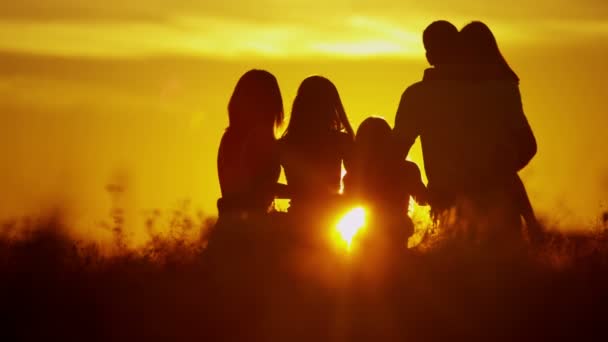 Pais com filhas no prado ao pôr do sol — Vídeo de Stock