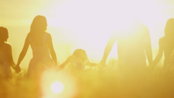 Rodiče s dcerami na louce při západu slunce — Stock video