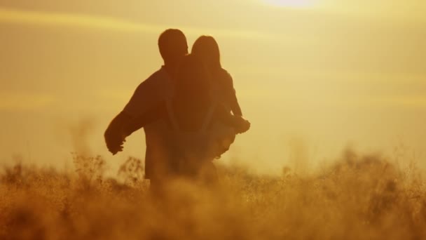 Padres con hija caminando en el prado — Vídeo de stock