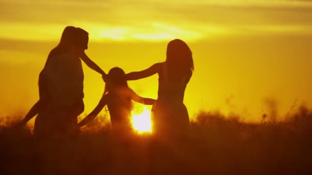 Ouders met dochters in de weide bij zonsondergang — Stockvideo