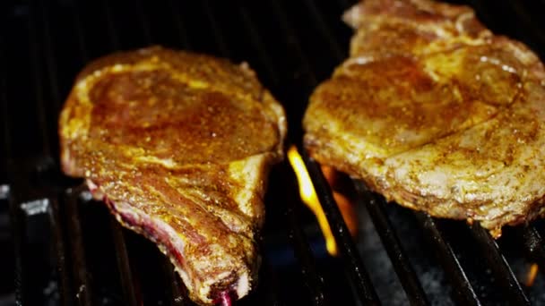 Beef steaks on grill — Stock Video