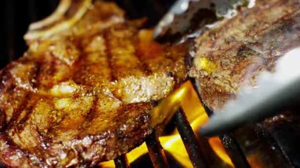 Rundvlees steaks op grill — Stockvideo