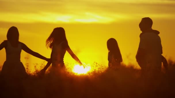 Föräldrar med döttrar i ängen vid solnedgången — Stockvideo
