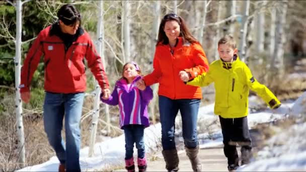 Family with children walking in winter park — Stock Video