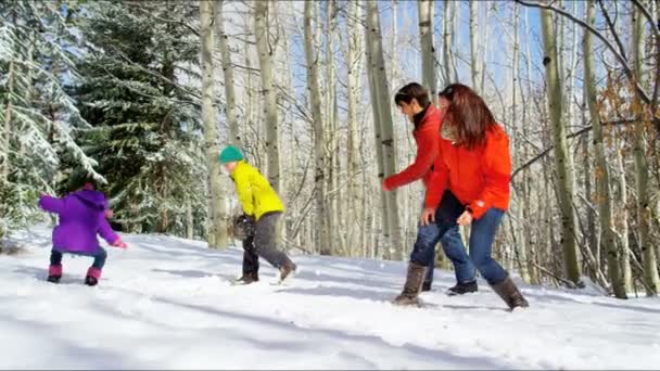 Kaukasische Familie mit Kindern beim Schneeballspielen — Stockvideo