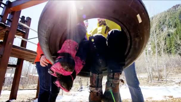 Сім'я з дітьми розважається на гойдалках — стокове відео
