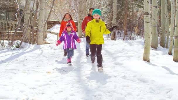 Familia caucásica con niños jugando bolas de nieve — Vídeos de Stock