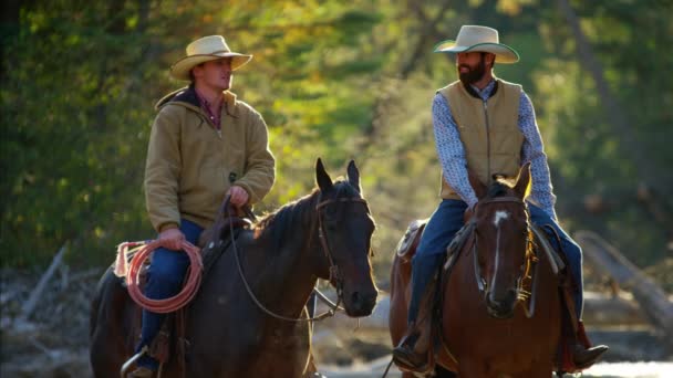 Jinetes a caballo en Montañas rocosas — Vídeos de Stock