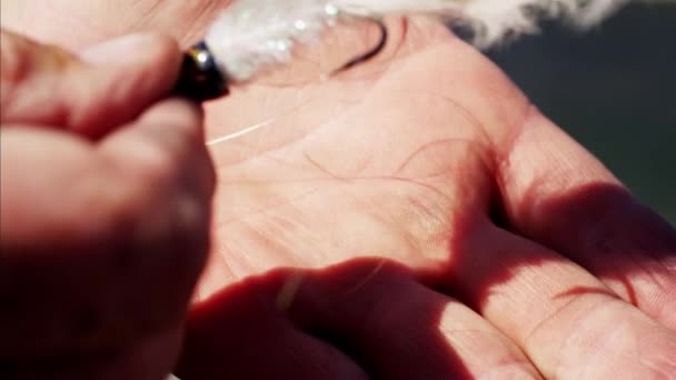 Handmade dry fly made by fisherman — Stock Video