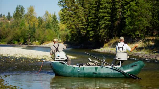 Fly fishing males on freshwater river — Stock Video