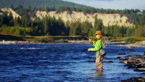 Pesca a mosca femminile in acqua dolce — Video Stock