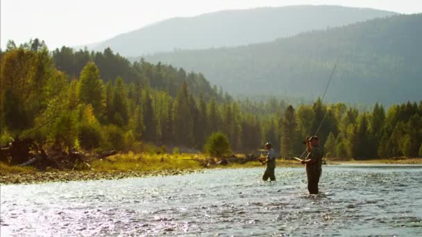 Fiskaren gjutning linje i sötvatten river — Stockvideo