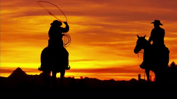 Cowboy Jinetes en el desierto al atardecer — Vídeos de Stock