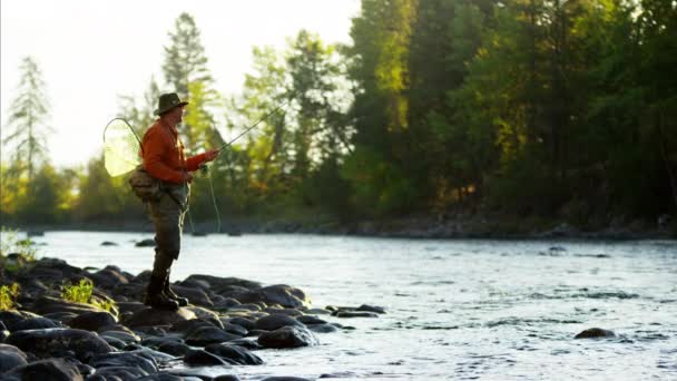 Línea de fundición de pescador en agua dulce — Vídeos de Stock