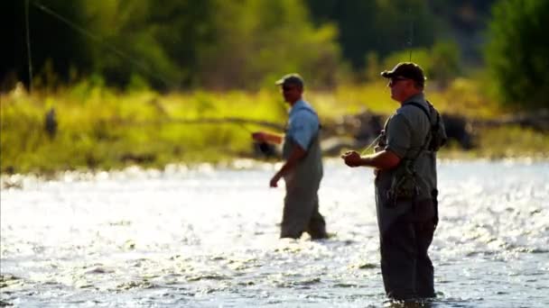 Рибалка літає риболовлею в прісноводній річці — стокове відео
