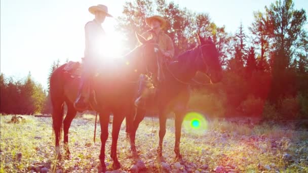 Cowboy ryttare rider hästar i dalen — Stockvideo