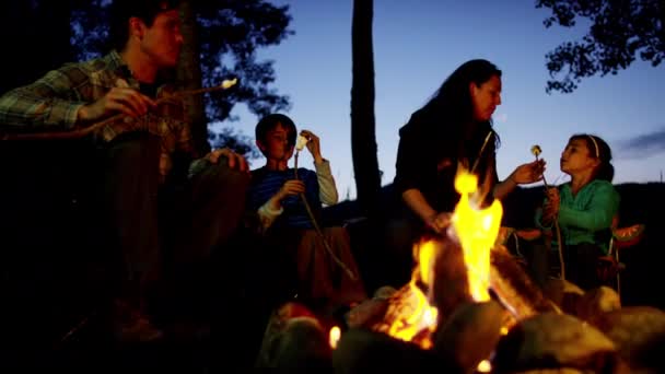 Οικογένεια τρώει marshmallows στο δάσος — Αρχείο Βίντεο
