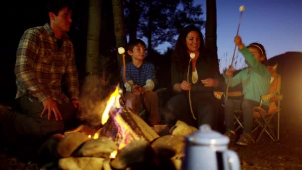 Familie marshmallows roosteren — Stockvideo