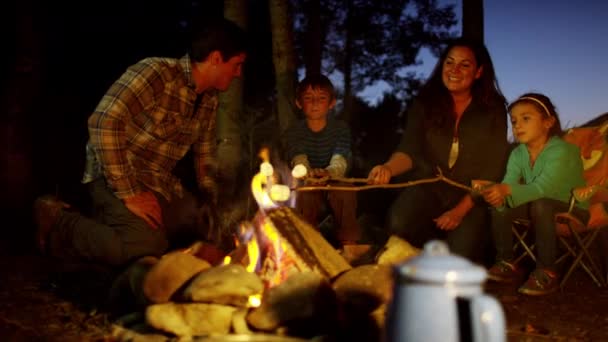 Parents and children toasting smores — Stock Video