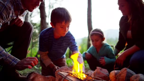 Família fazendo fogueira — Vídeo de Stock
