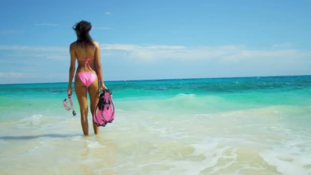 Дівчина з обладнанням для снорклінгу на пляжі — стокове відео