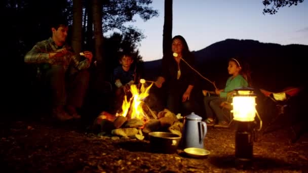 Familie eten marshmallows in bos — Stockvideo