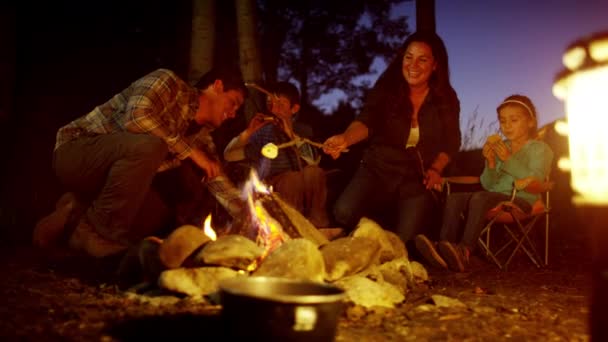 Parents and children toasting smores — Stock Video