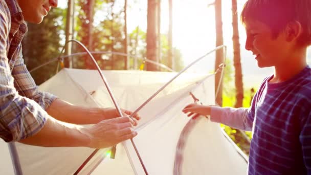 Pai e filho construindo tenda — Vídeo de Stock