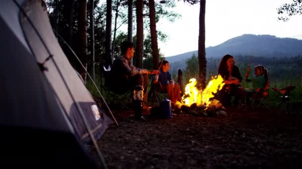 Padres e hijos disfrutando acampar — Vídeo de stock