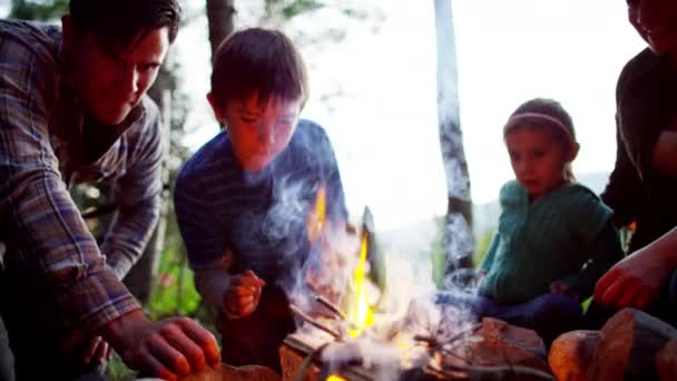 父母和孩子制作篝火 — 图库视频影像