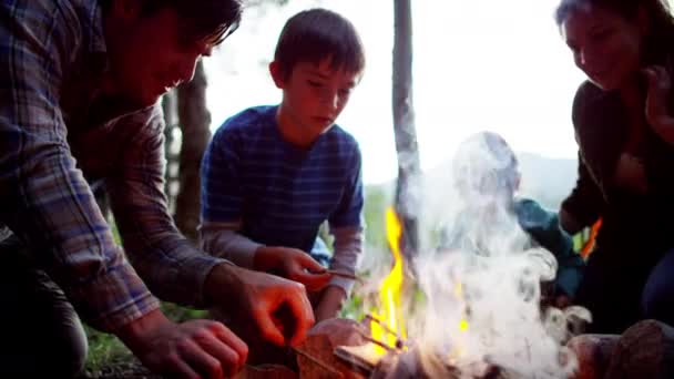 Familie genieten van het kampvuur maken — Stockvideo