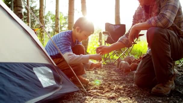 Papà e figlio eretto tenda — Video Stock