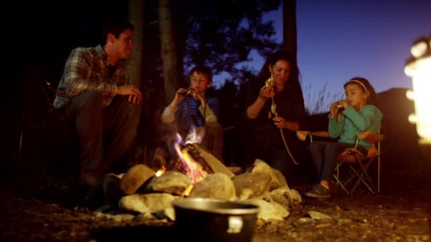 Parents and children eating smores — Stock Video