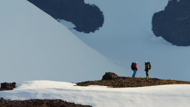 Hegymászók átkelés a hó borított hegylánc — Stock videók
