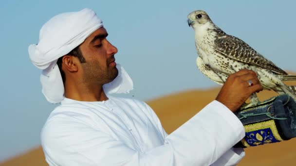 Man met Roofvogel staande op woestijnzand — Stockvideo